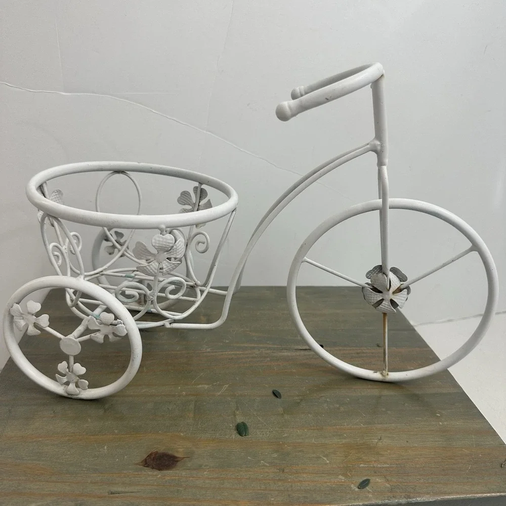 Vintage Metal Tricycle Planter Plant Stand Shabby Chic Rustic White Holds 6